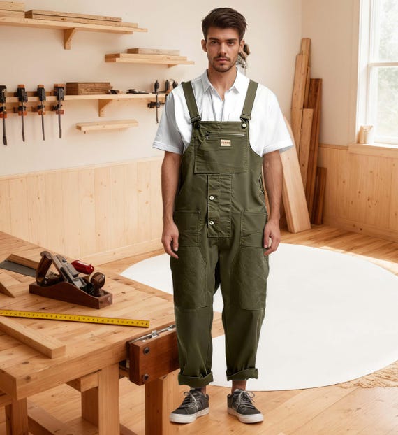 Vintage Green Cotton Carpenter Overalls - Unisex Workwear Dungarees, French Railway/Amekaji Style