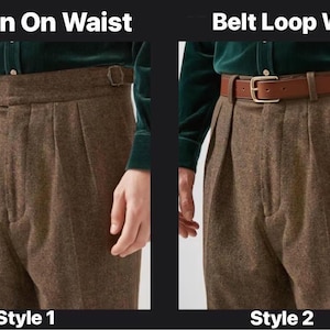 May include: Brown wool trousers featuring two distinct waist designs. Style 1, labeled Button On Waist, shows a side-adjuster buckle and buttons. Style 2, labeled Belt Loop Waist, shows a brown leather belt with a gold-tone metal buckle.