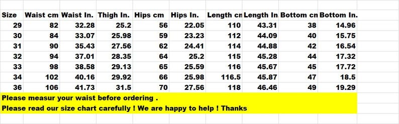 Puede incluir: Una tabla de tallas con texto negro sobre fondo blanco, que enumera las medidas para las tallas 29 a 36, incluyendo cintura, muslo, caderas, largo y bajo en cent&iacute;metros y pulgadas. Incluye el texto: Please measur your waist before ordering.