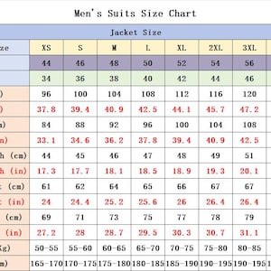 May include: Men's suits size chart with jacket sizes from XS to 5XL. Includes measurements in inches and centimeters for chest, waist, shoulder width, sleeve length, and cloth length. Also includes weight in kilograms and height in centimeters.
