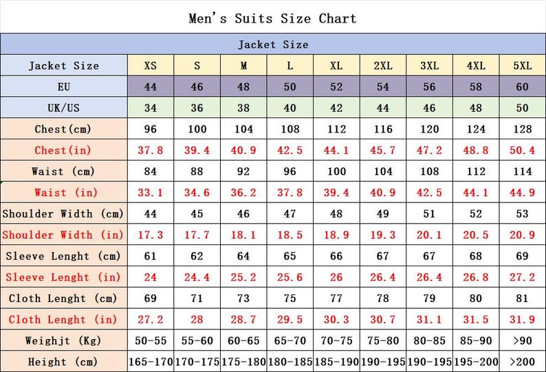 May include: Men's suits size chart with jacket sizes from XS to 5XL. Includes measurements in inches and centimeters for chest, waist, shoulder width, sleeve length, and cloth length. Also includes weight in kilograms and height in centimeters.