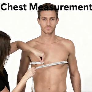 May include: A person is having their chest measured with a white measuring tape. The text "Chest Measurement" is displayed in bold, black letters at the top of the image. The person is standing in front of a white background.