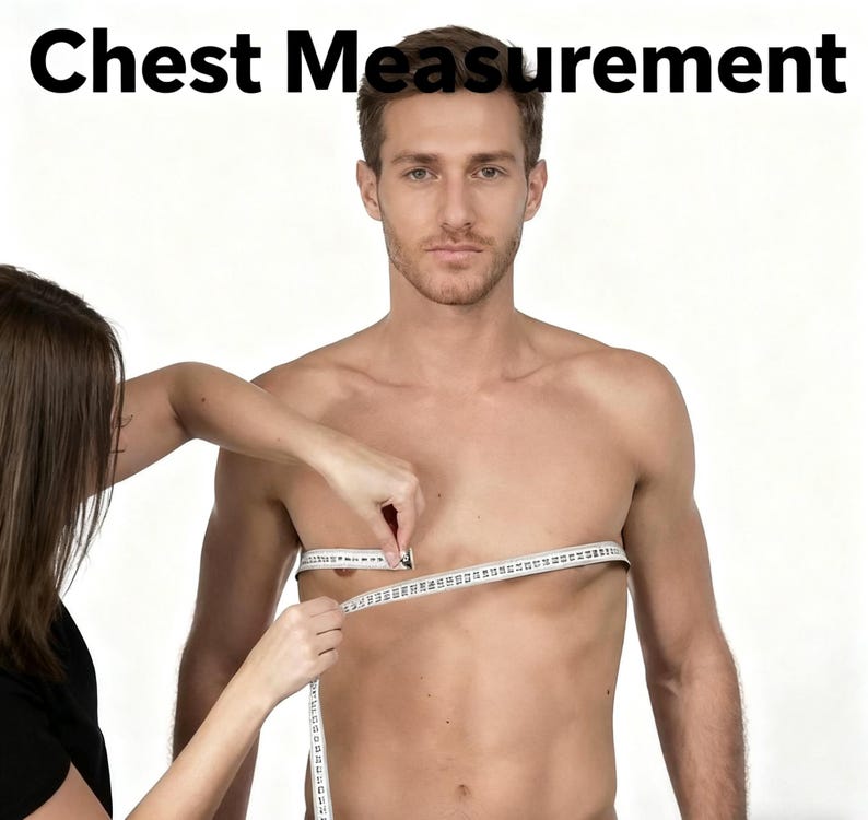 May include: A person is having their chest measured with a white measuring tape. The text "Chest Measurement" is displayed in bold, black letters at the top of the image. The person is standing in front of a white background.
