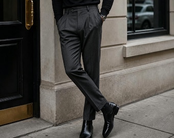 Custom Men's Pleated High-Waisted Wool Trousers - 1930s Hollywood Slim-Fit Cut