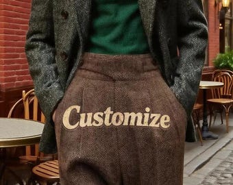 Custom 1940s High-Waisted Pure Wool Trousers | Wide Leg Herringbone with Slight Taper