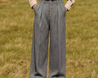 1930s Railroad Pure Wool Trousers: High Waisted Wide Leg Pants & Removable Suspenders, Custom