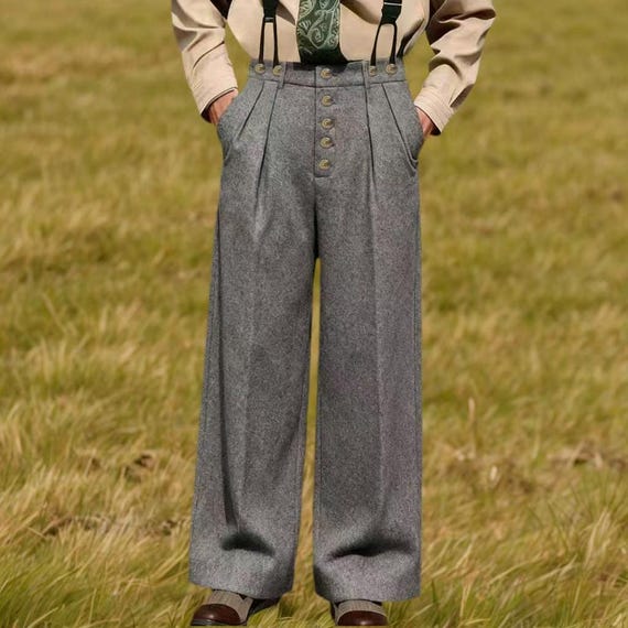 1930s Railroad Pure Wool Trousers: High Waisted Wide Leg Pants