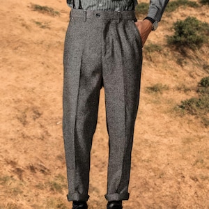 Custom Mens Tweed Herringbone Straight  Regular Fit Woolen Trousers/ For Party Streetwear Office Warm Dress Pants, High Waisted Multi Colors