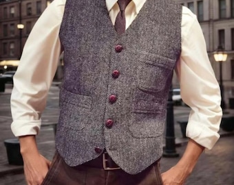 Men 's Vintage Tweed V Neck Herringbone Suit Vest With 3 Real Pockets For Groomsmen Wedding Business (Color : Brown, Size - Foto 11