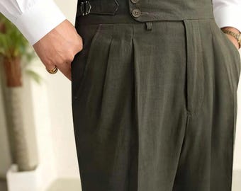 Men's 1910s Vintage Gurkha Military Trousers | High-Waisted Relaxed Fit Linen Pant, Custom