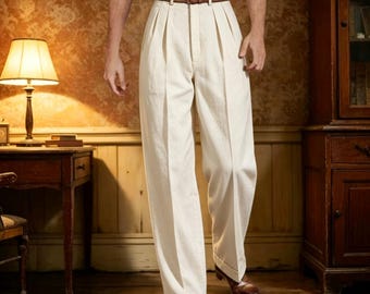 Pantaloni da uomo su misura in 100% cotone, stile anni '30, l'epoca d'oro di Hollywood / Pantaloni a vita alta con pieghe