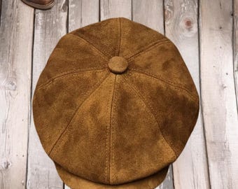 Vintage Brown Suede Newsboy Cap Baker Boy Hat Genuine Leather 8-Panel Cabbie Hat Brown Mens Real Suede Leather 8 Panel Newsboy Baker Boy  main image 3