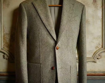 Bespoke 1930s Vintage Fitted Single Breasted Herringbone Tweed Suit & Trousers Set Men