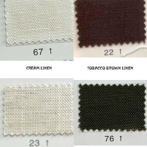 Pu&ograve; includere: Quattro campioni di tessuto in lino nei colori crema, marrone tabacco, naturale e verde oliva. Ogni campione &egrave; etichettato con un numero e il tipo di tessuto. Il lino crema &egrave; etichettato "67", il lino marrone tabacco "22", il lino naturale "23" e il lino verde oliva "76".