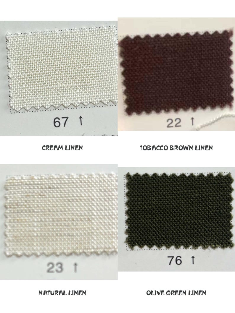 Pu&ograve; includere: Quattro campioni di tessuto in lino nei colori crema, marrone tabacco, naturale e verde oliva. Ogni campione &egrave; etichettato con un numero e il tipo di tessuto. Il lino crema &egrave; etichettato "67", il lino marrone tabacco "22", il lino naturale "23" e il lino verde oliva "76".