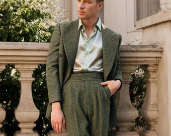 Bespoke 1940s Men's Double-Breasted Vintage Herringbone Wool Suit & Trousers Set -Pure Linen Suit