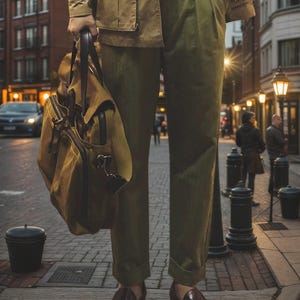 Puede incluir: Una chaqueta utilitaria color canela, pantalones plisados verde oliva con dobladillos y mocasines de cuero marr&oacute;n oscuro. Se sostiene un bolso grande de lona color canela con asas y adornos de cuero marr&oacute;n oscuro. Atuendo de corte estructurado.