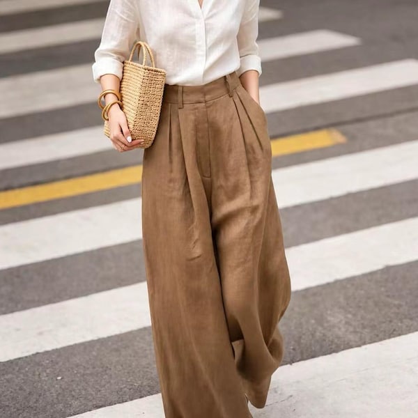 Women's Lux Lyocell Linen Ultra Wide Leg Pants, High Waisted Retro Style, Custom Fit