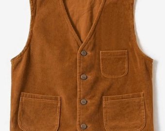 Chaleco de pana retro de los años 70: algodón puro, cuello en V, dos bolsillos delanteros, diseño exclusivo, personalizado