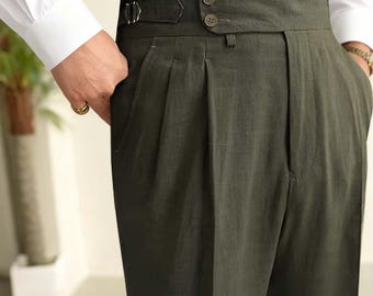 Vintage Late 1980s/early 1990s Black Cotton Linen Pants With Green