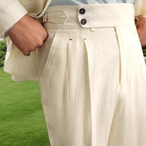 Vintage Gurkha Linen Pants For Men, Regular Fit High Waisted Military Trousers With Pleat Rolled Hem, 1900s Heritage Clothing  6 Colors