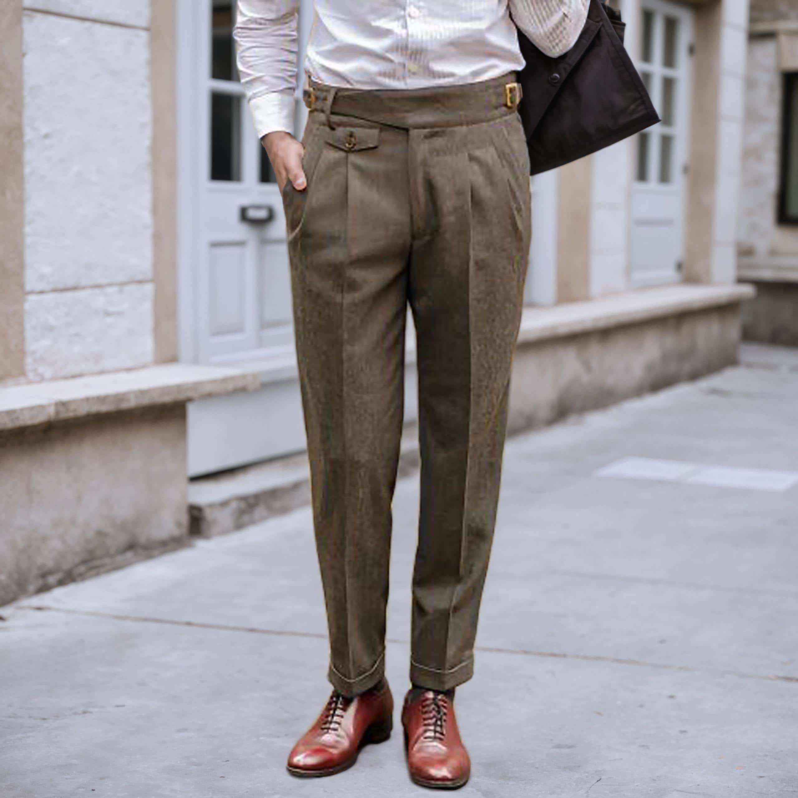 Men's Gurkha Herringbone Tweed Trousers – Pleated Military Style