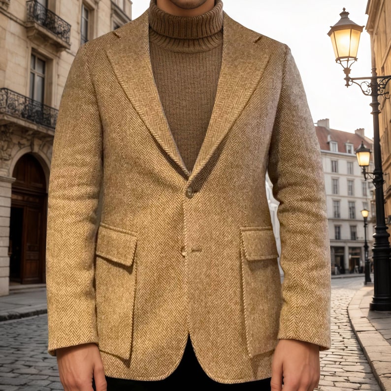 May include: A tan herringbone blazer with two front pockets and a single-button closure. The blazer is paired with a brown turtleneck sweater. The background features a European street scene with buildings and streetlights.