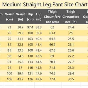 May include: A size chart for medium straight leg pants, displaying measurements in inches and centimeters. The chart includes sizes 29 to 40, with details for length, waist, hip, thigh circumference, and leg opening.