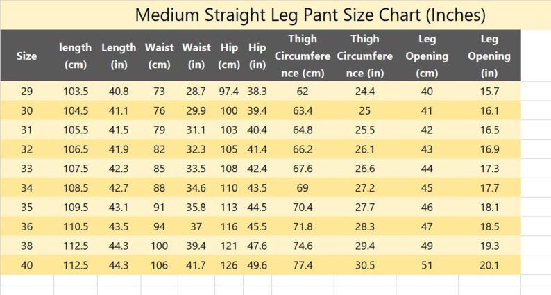 May include: A size chart for medium straight leg pants, displaying measurements in inches and centimeters. The chart includes sizes 29 to 40, with details for length, waist, hip, thigh circumference, and leg opening.