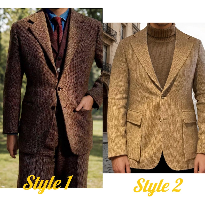 May include: Two tweed suits are displayed. Style 1 is a brown three-piece suit with a blue shirt and red tie. Style 2 is a tan blazer with a brown turtleneck. The text "Style 1" and "Style 2" are in yellow.