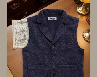 Personalisierte Herringbone Tweed Weste für Männer - Vintage Wollweste mit Revers