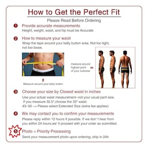 May include: An instructional infographic titled How to Get the Perfect Fit. It features numbered steps for taking body measurements, including a yellow measuring tape around a waist and three side-view figures. Text includes instructions for waist sizing in inches.