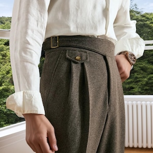 Vintage Gurkha Thickened Dark Grey /Brown Plaid Pants For Men, Straight Leg High Waisted  Military Trousers With Pleats And Rolled Hem, 19s