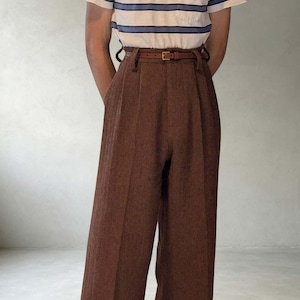 Men's 1930s Wool Trousers, High Waist Pleated Caramel Herringbone Pants