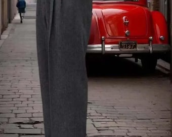 Custom 40s Men's Harris Tweed Inspired High-Waisted Wide-Leg Wool Trousers -Relaxed Fit Heavyweight Slacks