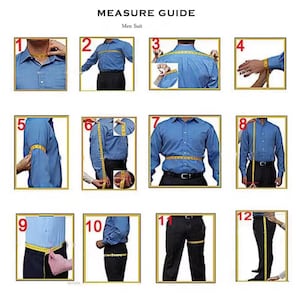 May include: A guide for measuring for a men's suit. The image shows 12 numbered steps with illustrations of how to measure different parts of the body, including the neck, chest, shoulders, and sleeves. The text "MEASURE GUIDE" and "Men Suit" are at the top.