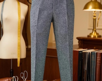Custom Tweed Wool Trousers Men, High Waisted Herringbone Pants, Heritage Gurkha