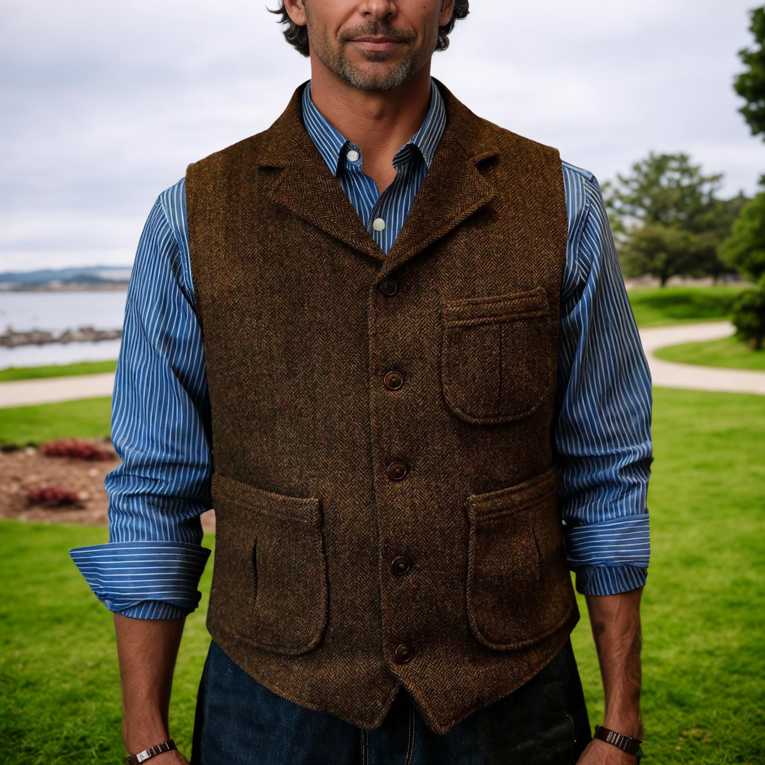 Custom Heritage Americana Wool Vest – 1920s Tweed Waistcoat for