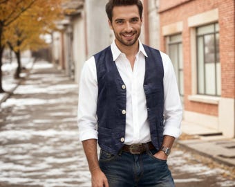 Gilet da uomo in lino su misura - Gilet vintage senza maniche a 3 bottoni