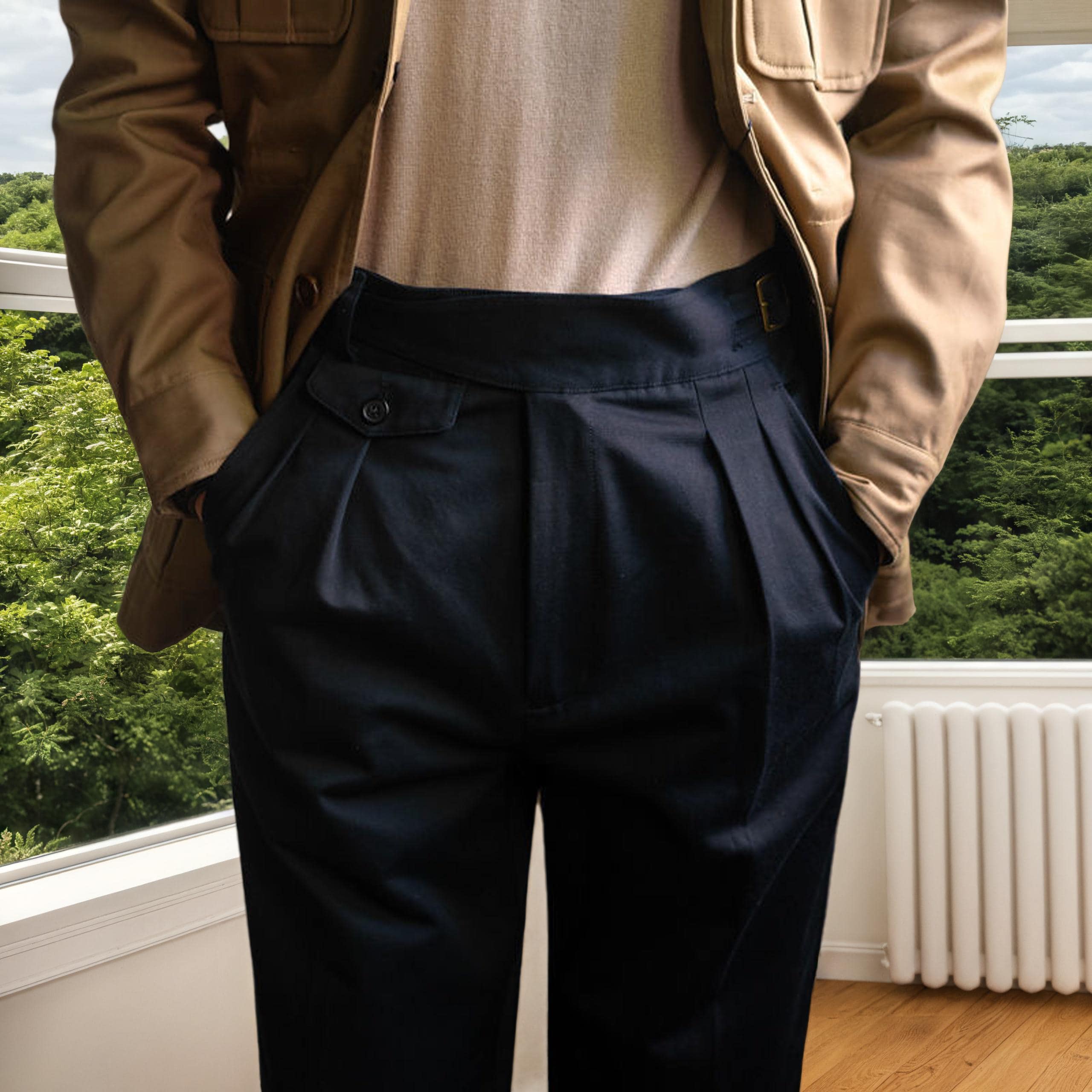 Pantalon militaire gurkha du XIXe siècle pour homme : coupe classique, taille haute, ourlet plissé et roulotté / coton infroissable été décontracté
