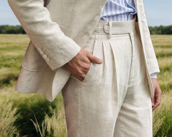 Pantalon en lin Gurkha vintage pour homme, pantalon militaire taille haute de coupe classique avec plis et ourlet roulotté, mode estivale rétro du XIXe siècle