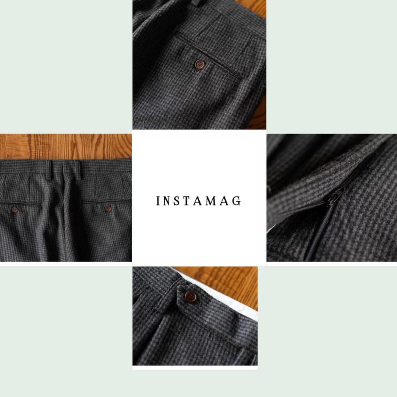 K&ouml;nnte beinhalten: Nahaufnahmen von grauen karierten Hosen. Der Stoff hat ein subtiles Muster und eine Textur. Details sind Knopfverschl&uuml;sse, Taschen und ein Rei&szlig;verschluss. Das Wort "INSTAMAG" ist sichtbar.