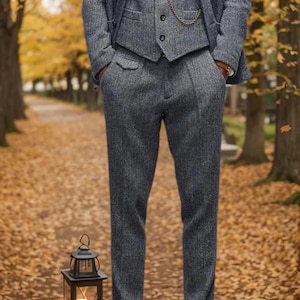 Men&#39;s Regular Fit Herringbone Tweed Wool Vest - Lapel Collar Button Front Tailored Sleeveless Waistcoat Formal/Casual Wear- Winkle Resistant
