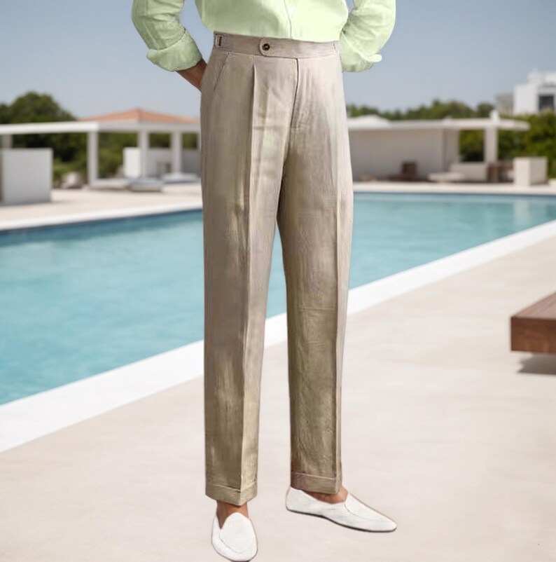 Men's High Waist Tapered Lyocell Linen Trousers - Custom Gurkha Anti-Wrinkle immagine 2