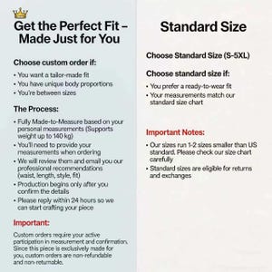 Pu&ograve; includere: Grafica testuale che delinea le opzioni di taglia personalizzate e standard. Dettaglia il processo di ordine personalizzato, inclusa la fornitura di misure e la conferma dei dettagli. Le taglie standard vanno da S a 5XL. Sono incluse anche note importanti su taglie e resi.