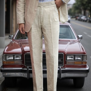 1900s Vintage Gurkha Linen Pants For Men, Regular Fit High Waist Military Trousers With Pleats/ Rolled Hem, Summer Office wear/Partywear