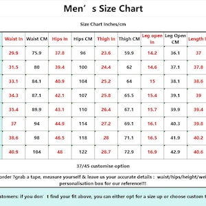 May include: A size chart table titled Men's Size Chart with columns for waist, hips, thigh, leg opening, and length in inches and cm. Rows list sizes from 29=Our S to 36=Our 5XL. Text includes instructions for custom tailoring and measuring.