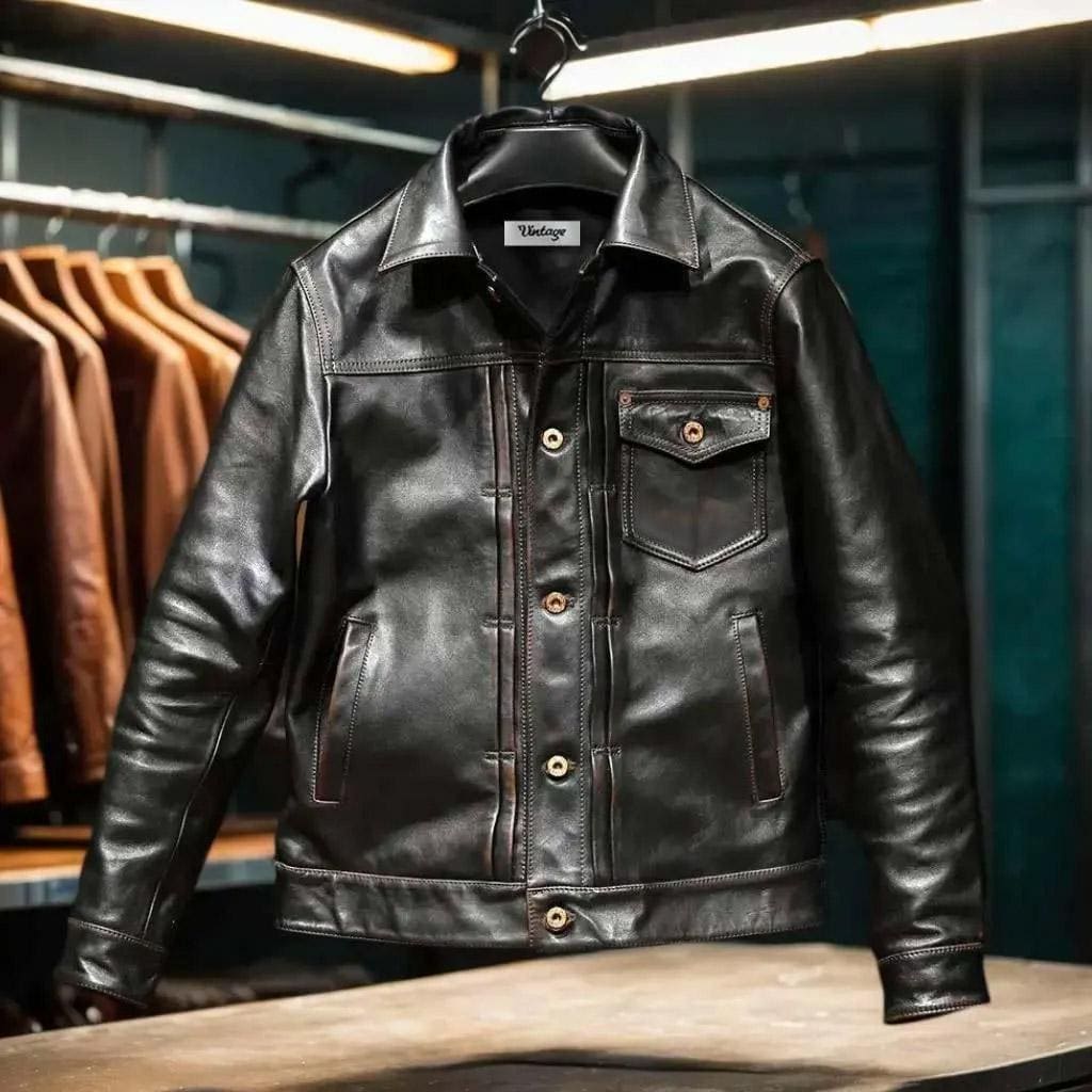 Vintage Tea-core Cowhide Trucker Jacket – Men's Hand-aged Leather