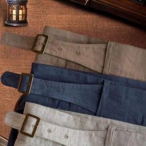 Vintage Gurkha Linen Pants For Men, Regular Fit Mid High Waist Military Trousers With Pleats & Rolled Hem, 19th Fashion, Linen Cotton Pocket