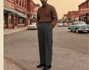 Custom 1930s High-Waisted Hollywood Wool Trousers: Wide Leg with Taper, Heavyweight & Cuffed Hem